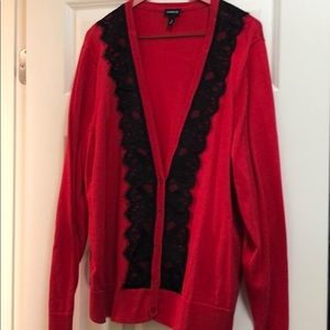 Red Torrid Cardigan with black lace accent